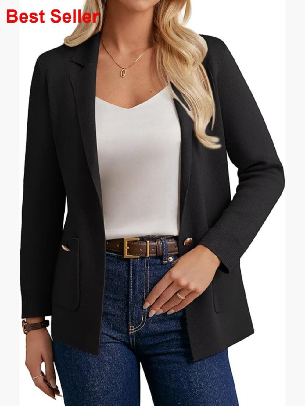Polyester-Viscose Blend Sweater Blazer with Pockets for Business Casual